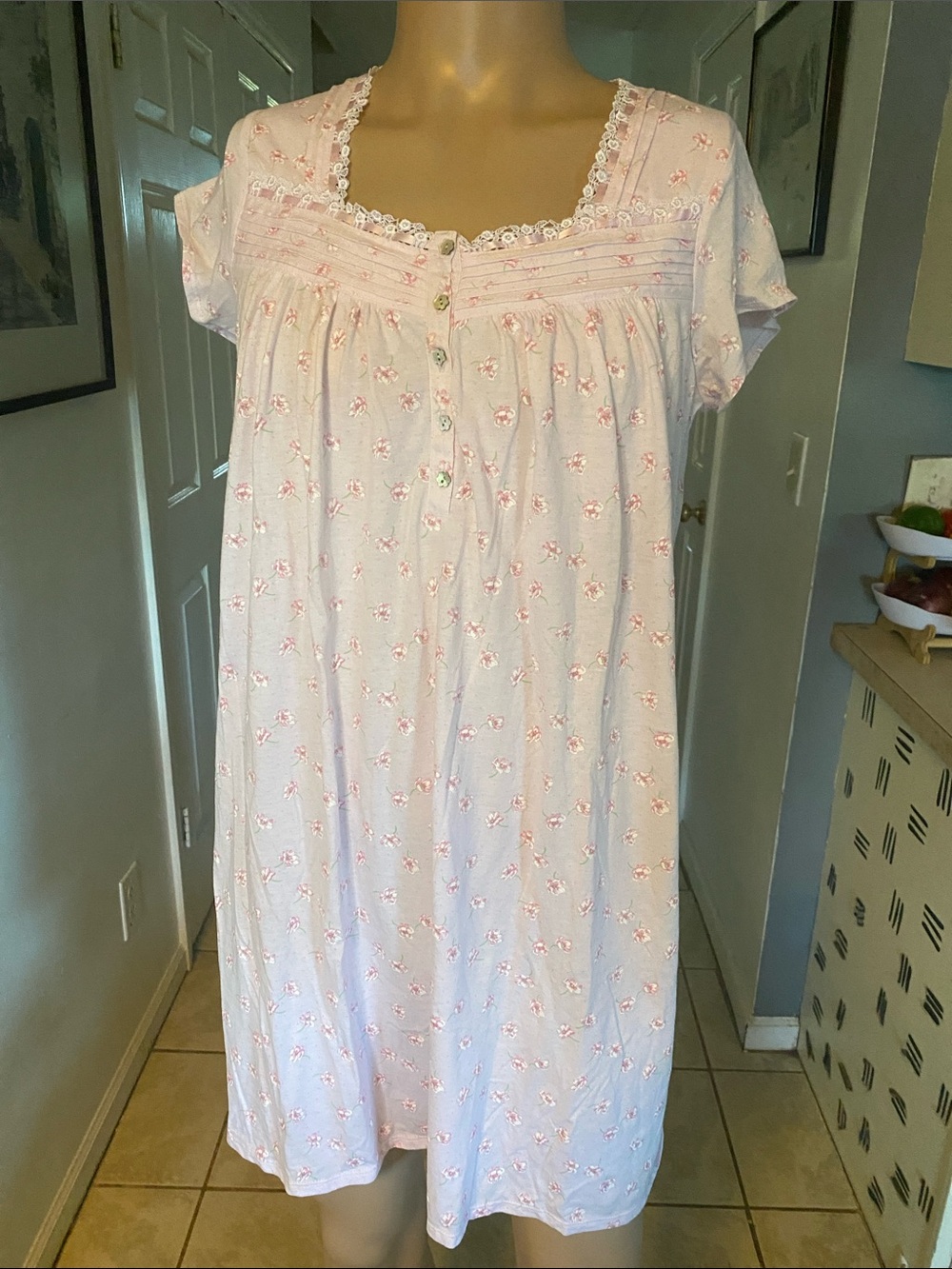 Eileen West Pale Pink Floral Cotton Nightgown with Lace Trim